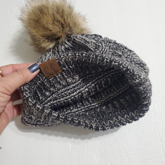 C.C. Beanie Black Grey Marl Slouchy Beanie Tan Black Pompom Winter Snow Cold Hat - Picture 6 of 6